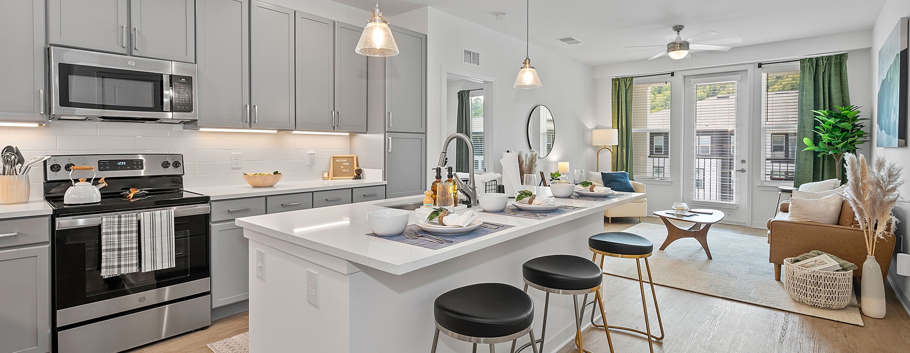 kitchen with a large island and seating